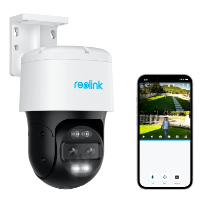 Câmara de vigilância Reolink exterior com suporte e smartphone a mostrar imagens de monitorização