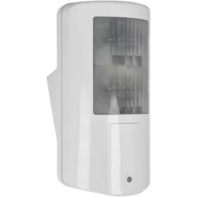 Detetor de movimento branco com visor cinza e superfície texturada
