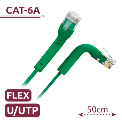 Cabo de rede verde Cat-6A com conectores RJ45 e texto explicativo.