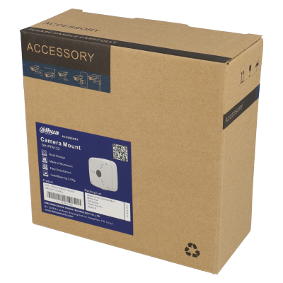 Caixa castanha de suporte para câmara Dahua com etiqueta azul e preta