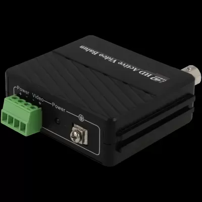 Conversor VGA para vídeo HD preto com conexões BNC e verde em fundo preto