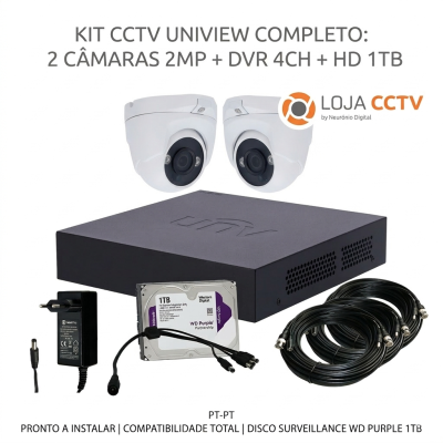 Kit completo de CCTV com câmaras, DVR, disco rígido e cabos.