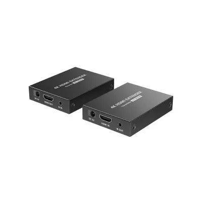 Dois dispositivos pretos de extensão HDMI com etiquetas e portas HDMI e IR