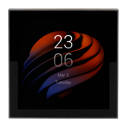 Ecrã digital quadrado com moldura preta e mostrador com data e forma esférica colorida