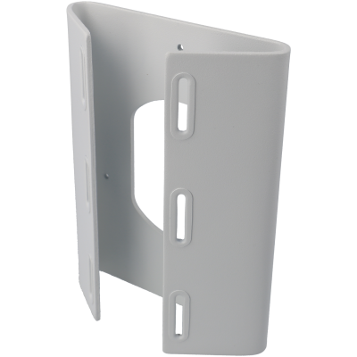 Suporte de montagem metálico cinza claro com três orifícios para fixação