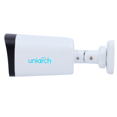 Câmara de segurança branca e preta com marca uniarch e suporte ajustável.