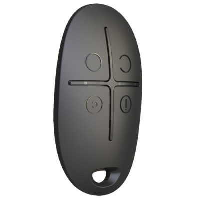 Comando remoto oval preto com quatro botões e textura fosca