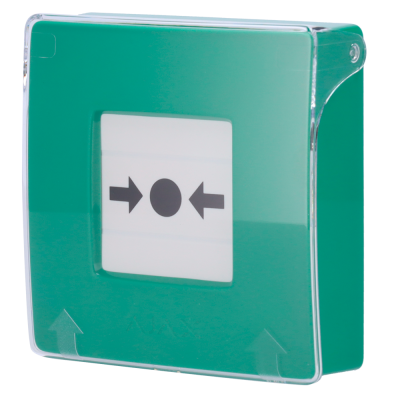 Dispositivo de alarme manual verde com símbolo de círculo e setas pretas.