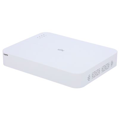 Dispositivo eletrônico branco com marca UNV e símbolo HDMI em superfície branca