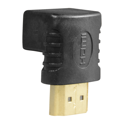 Adaptador HDMI em ângulo de 90 graus com corpo preto e conector dourado