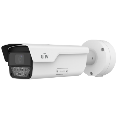 Câmara de segurança branca com lente preta e iluminação LED.