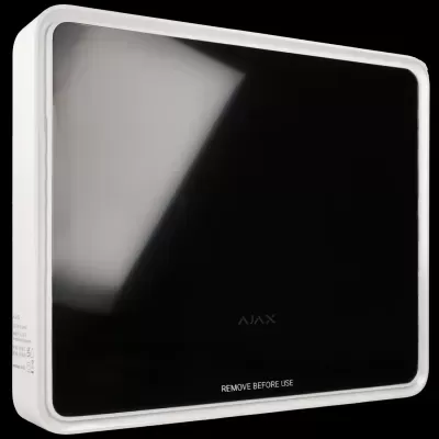 Dispositivo quadrado preto e branco com marca AJAX e instrução REMOVE BEFORE USE