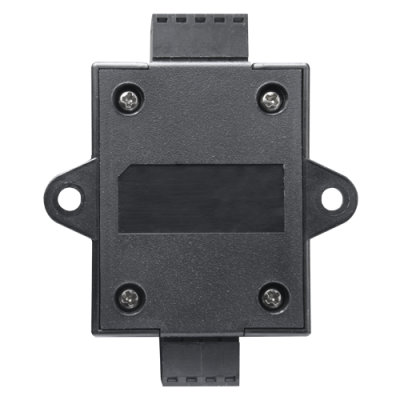 Dispositivo eletrônico preto quadrado com ecrã retangular e parafusos visíveis