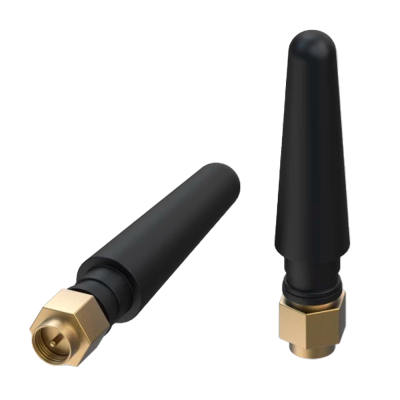 Duas antenas pequenas pretas com base metálica dourada