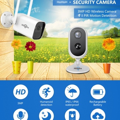 Câmara de segurança wireless branca Hisecu com bateria recarregável e características técnicas