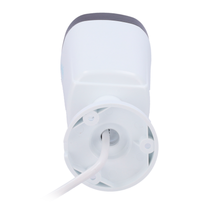 Câmara de segurança branca com base circular e cabo branco