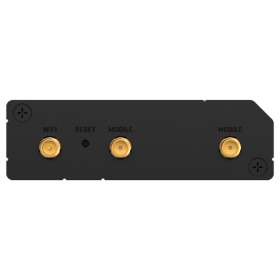 Painel traseiro preto com conectores dourados WIFI e MOBILE e botão RESET