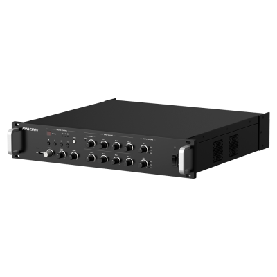 Amplificador de áudio preto com botões e pegas metálicas