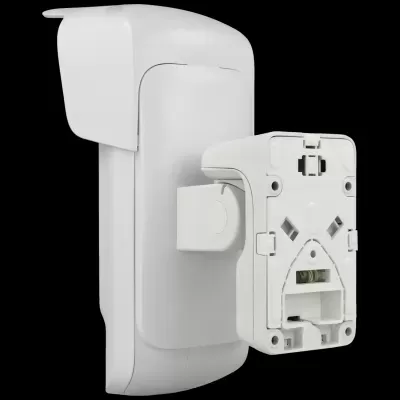 Suporte branco para câmera de segurança com nivelador de bolha.