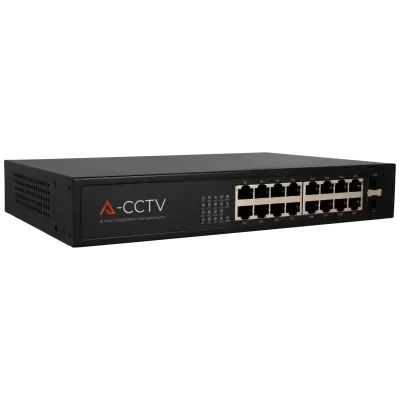 Interruptor de rede A-CCTV preto com 18 portas Ethernet e LEDs indicadores.