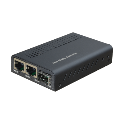 Mini media converter preto com portas Ethernet e SFP