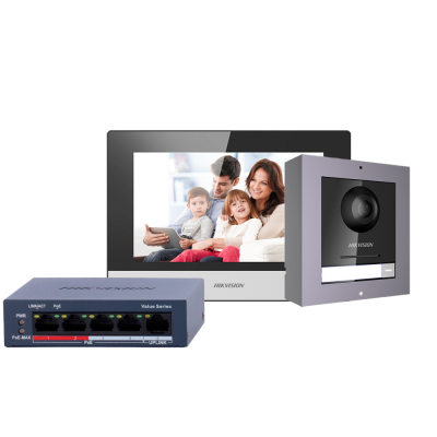 Kit de videovigilância com monitor, câmara e switch de rede