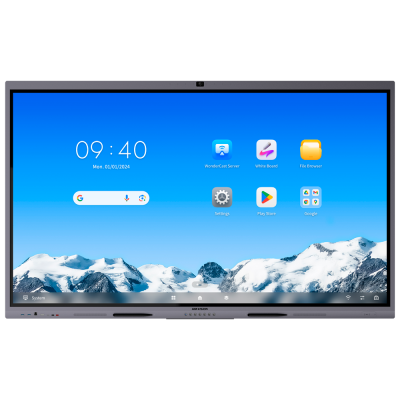 Ecrã interativo tátil cinzento com interface azul e ícones de aplicações