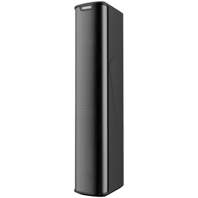 Coluna de som preta DSPPA, alta e estreita com frente perfurada.