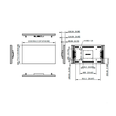 Desenho técnico com medidas de um painel retangular da HIKVISION