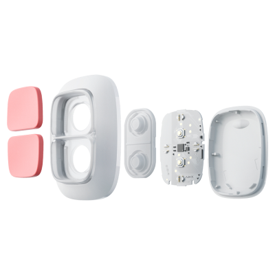 Dispositivo eletrônico branco desmontado em cinco partes com almofadas cor-de-rosa