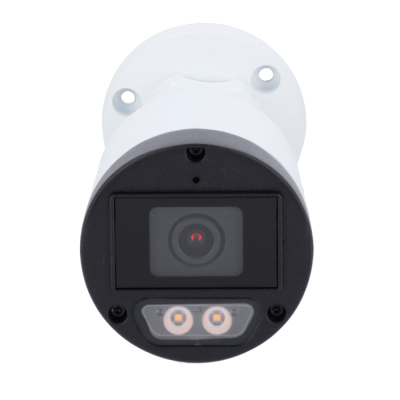 Câmara de segurança branca e preta com lente e luzes LED
