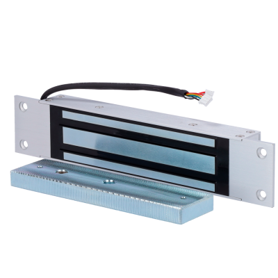 Fechadura eletromagnética metálica com cabos e placa destacável.