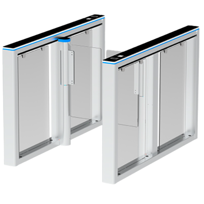 Portões automáticos de controlo de acesso com painéis transparentes e estrutura branca