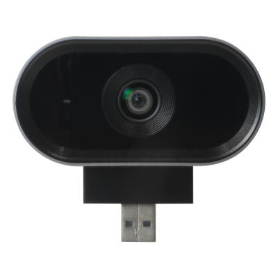 Câmara web preta com lente ovalada conectada a USB