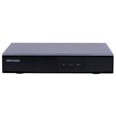Aparelho electrónico preto com o logo HIKVISION no canto esquerdo e LEDs no painel frontal