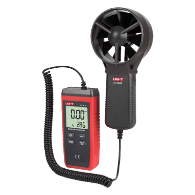 Anemómetro digital portátil vermelho e preto com sonda de hélices preta e ecrã LCD