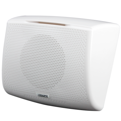 Coluna de som branca com grelha perfurada e etiqueta BASICO