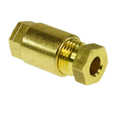 Conector metálico dourado com roscas e extremidades hexagonais
