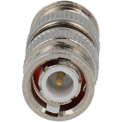 Conector BNC metálico prateado com isolador branco e pino dourado