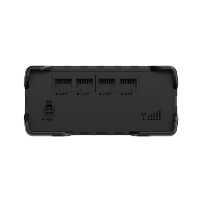 Dispositivo preto com portas Ethernet e conector de energia