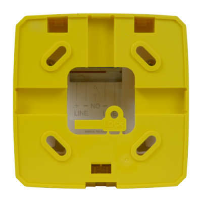 Dispositivo elétrico quadrado amarelo com abertura central mostrando texto e símbolos