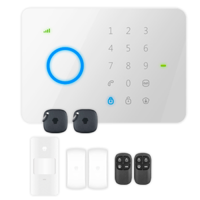 Painel de alarme branco com acessórios pretos e brancos