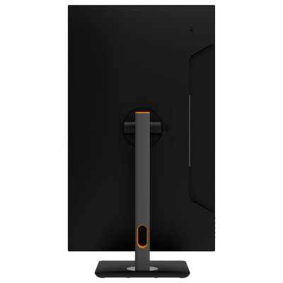 Monitor preto visto de trás com suporte cinzento e detalhes laranja