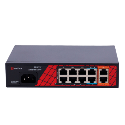 Switch de rede Safire preto e vermelho com portas RJ45 e texto AI POE MATCH08
