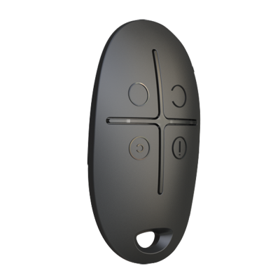 Comando remoto preto com quatro botões e furo oval