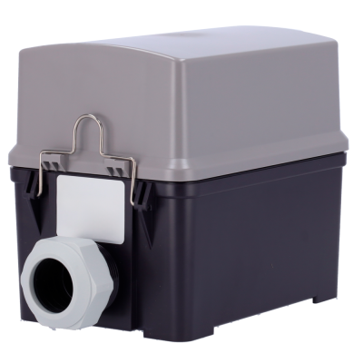 Caixa preta e cinza com tampa e clipe metálico