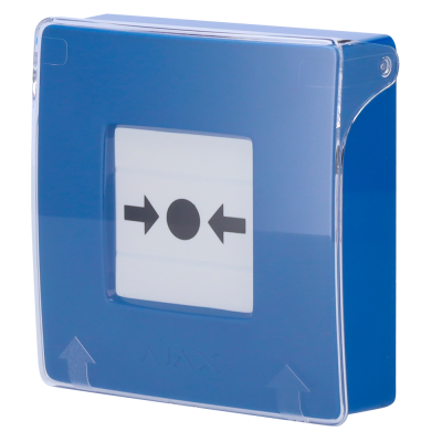 Botão de alarme de emergência azul com símbolo e capa transparente