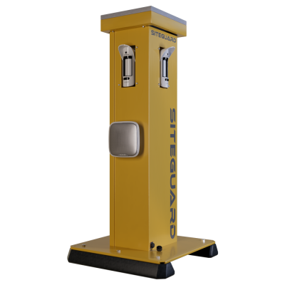 Coluna metálica amarela SITEGUARD com sensores e altifalante em fundo branco