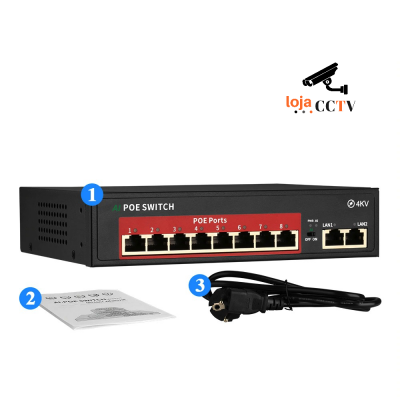 Switch POE preto 8 portas 4KV com manual e cabo de alimentação