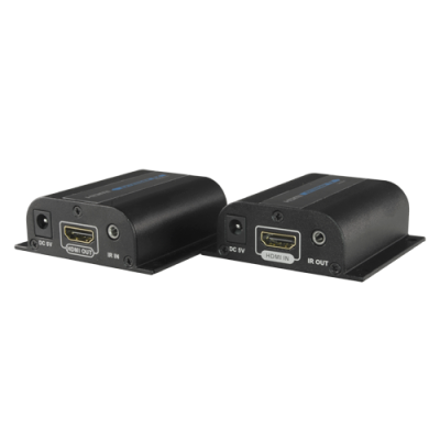 Dois transmissores/extensores HDMI pretos com etiquetas de entrada e saída